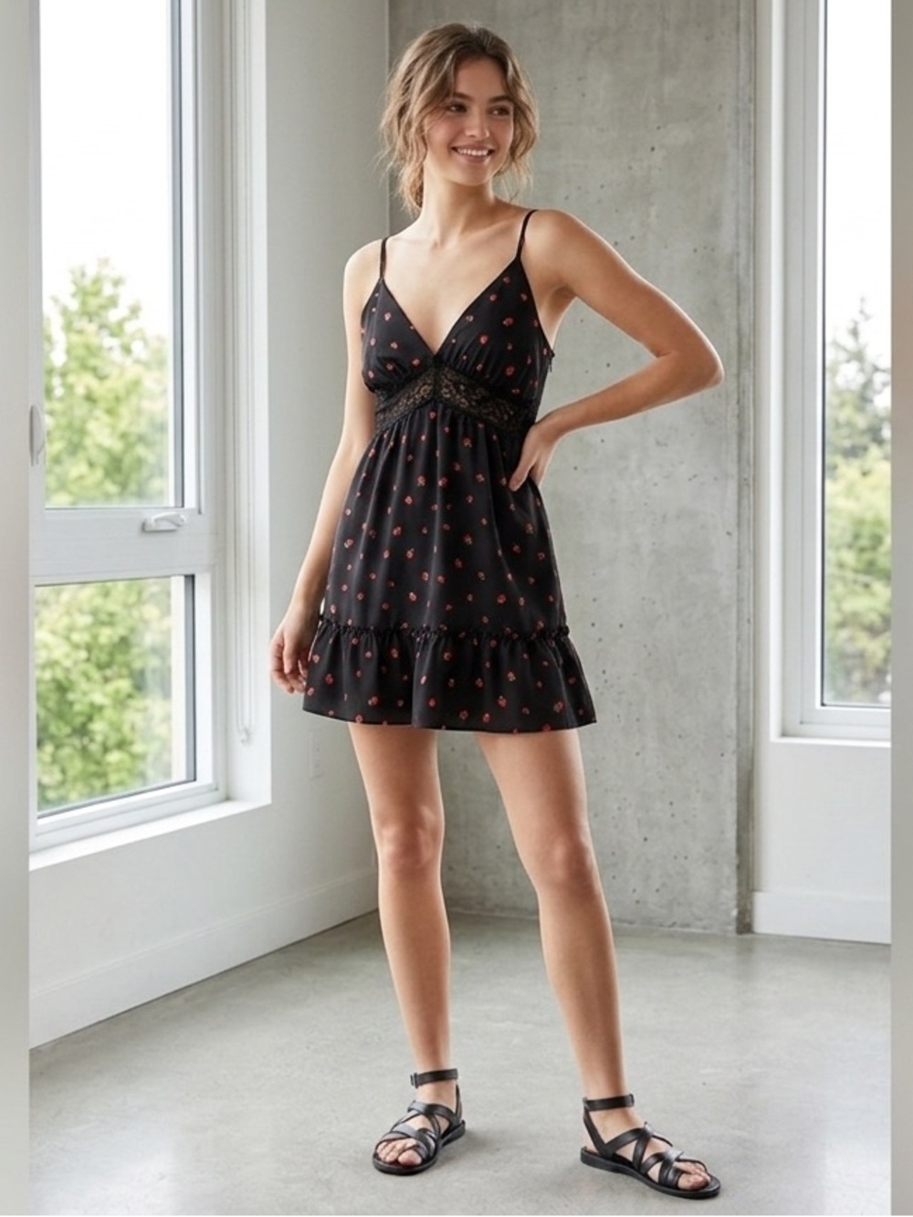 NEW! Black Dress with Red Strawberry Print